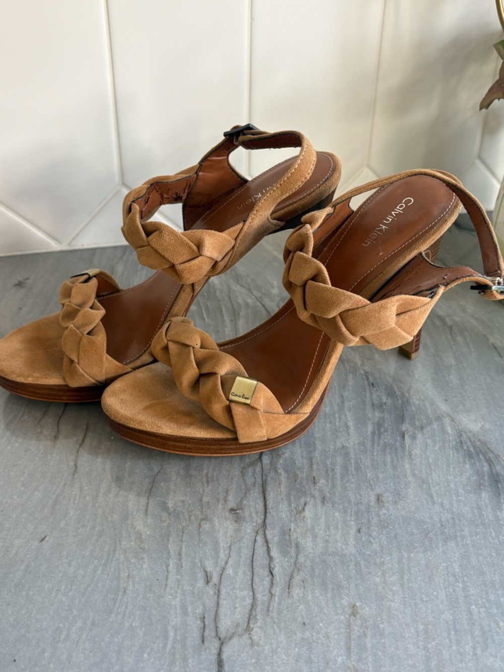 Calvin Klein Braided Suede Platform Heel Sandals in Tan size 9